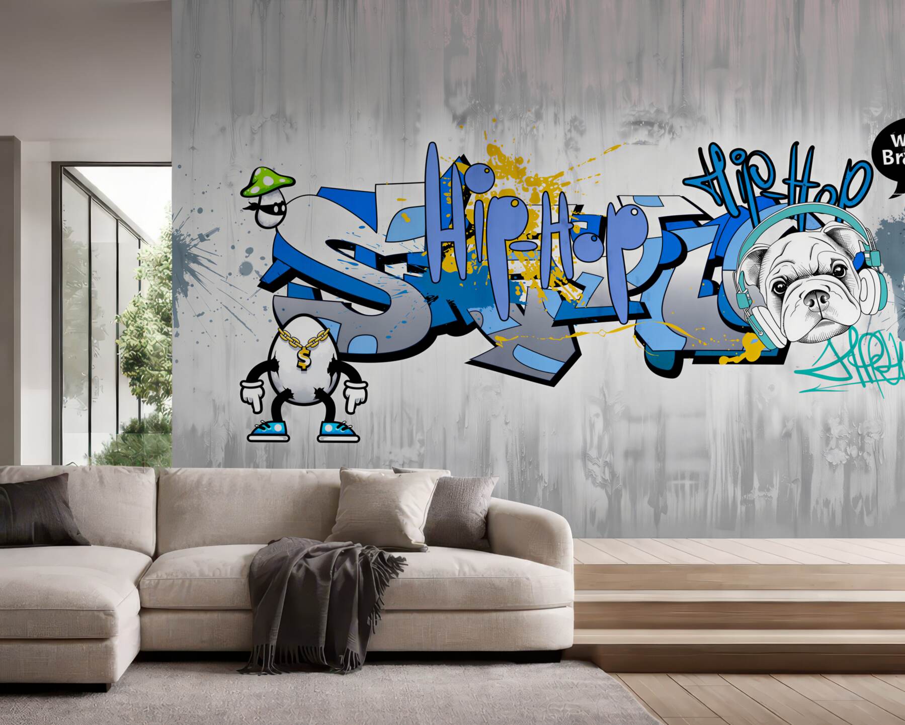 Papier peint chien avec graffiti et écouteurs