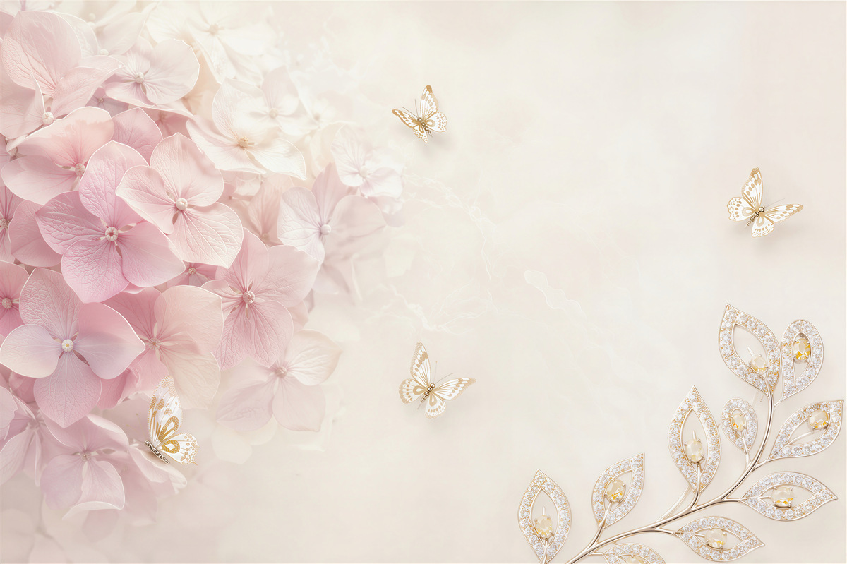 Papier peint Fleurs roses et papillons