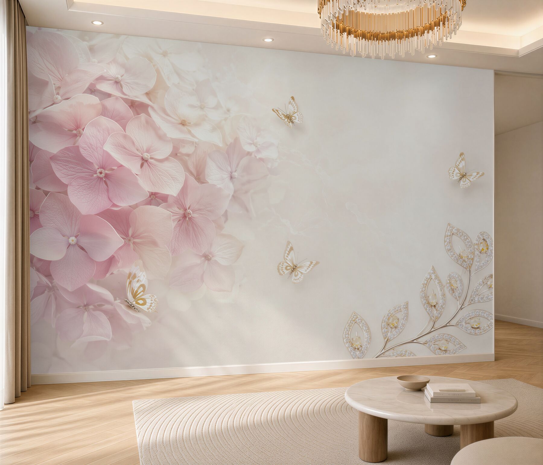 Papier peint Fleurs roses et papillons