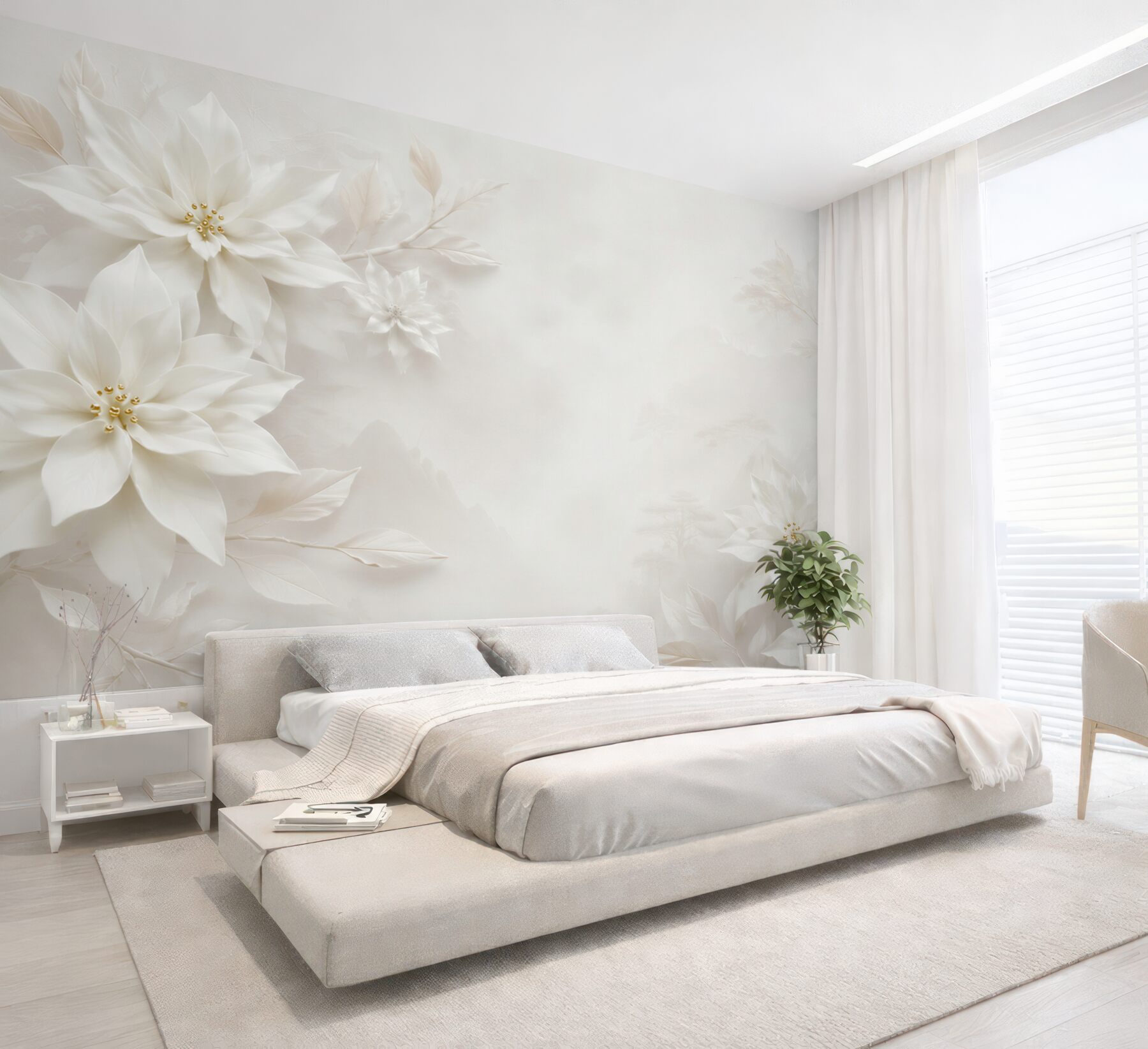 Papier peint fleurs blanches