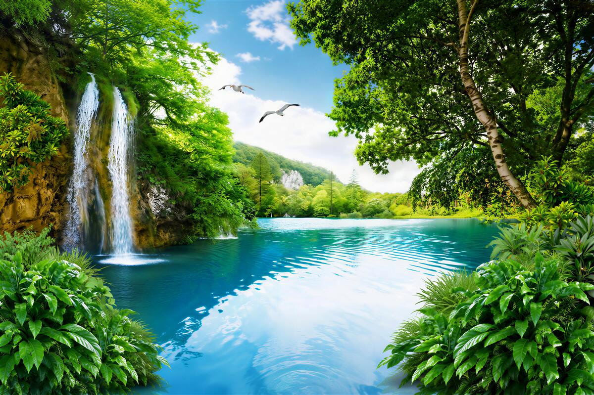 Papier peint cascade et lagune