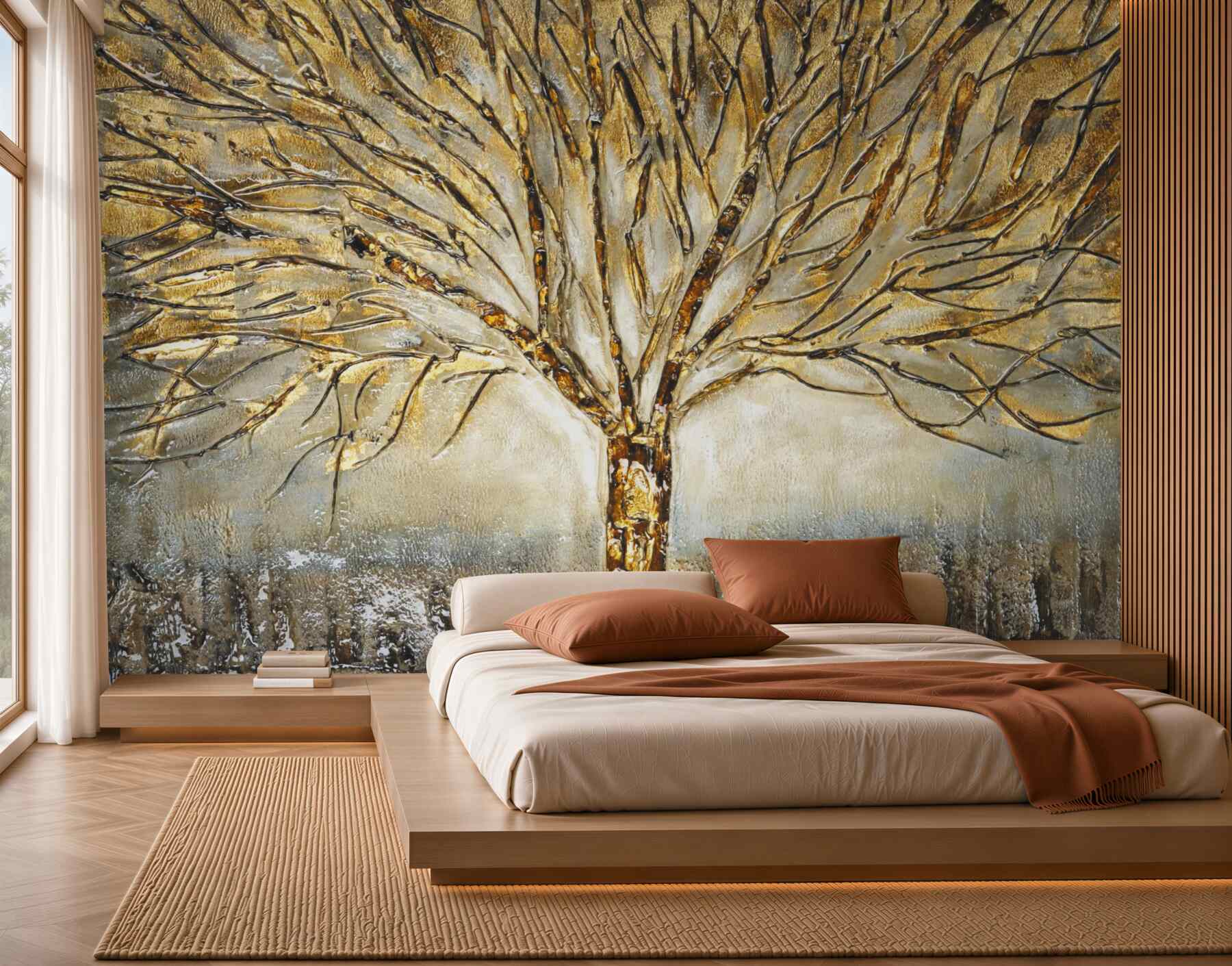 Papier peint arbre métallique doré