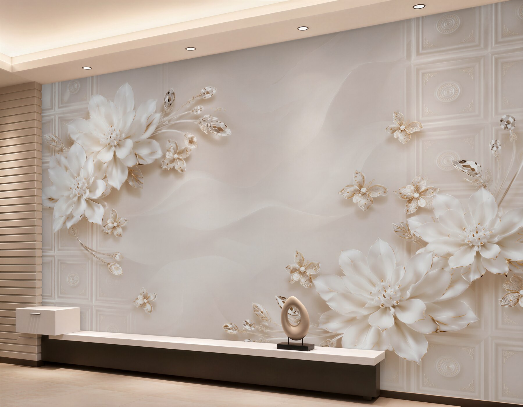Papier peint fleurs blanches sur le mur