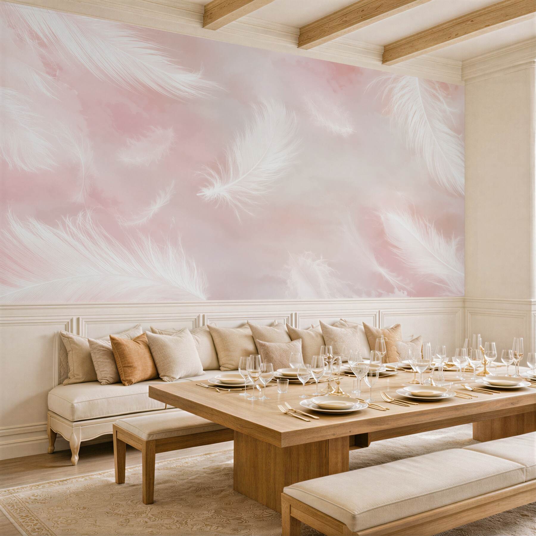 Papier peint plumes blanches sur fond rose