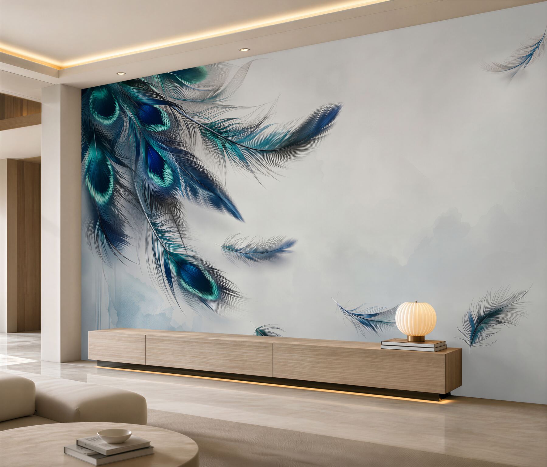 Papier peint plumes vertes