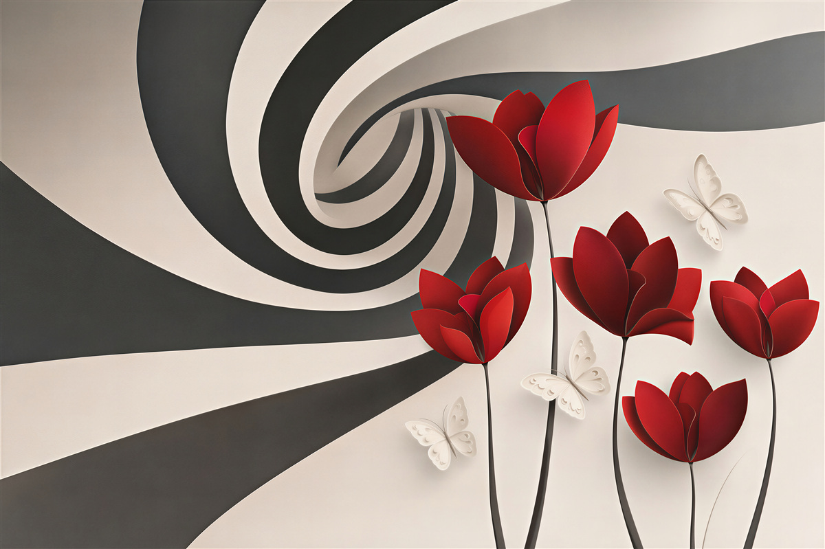 Papier peint fleurs rouges et tunnel