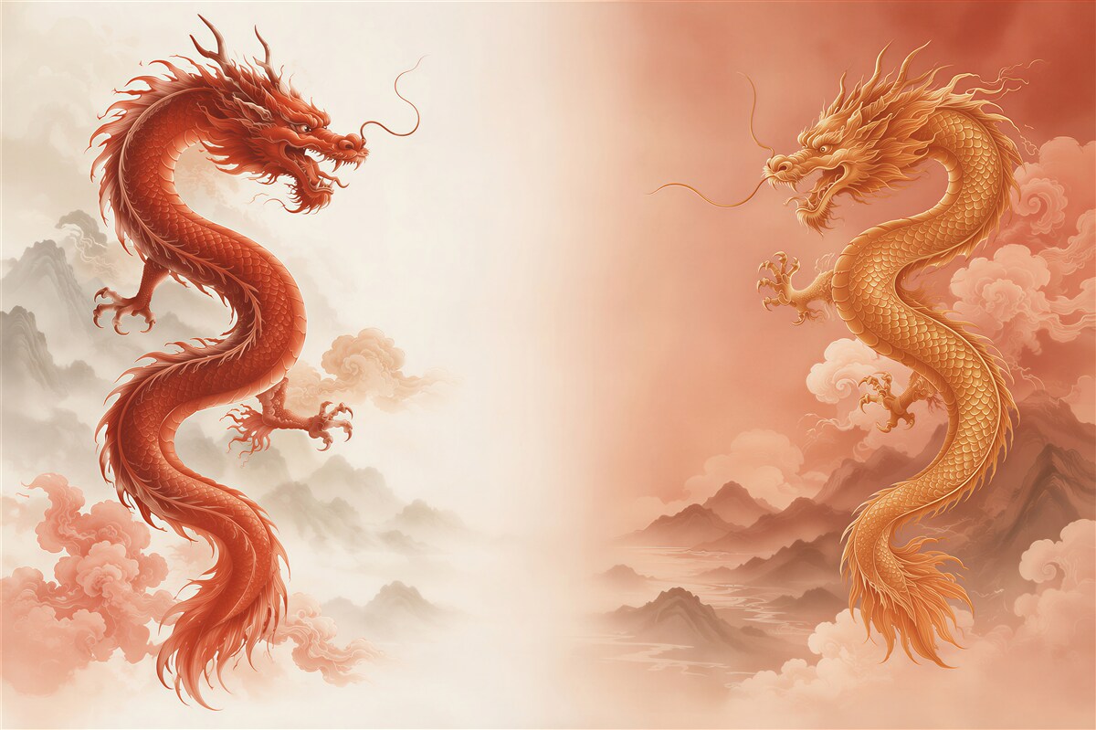 Papier peint personnages de dragons sur fond blanc et rouge