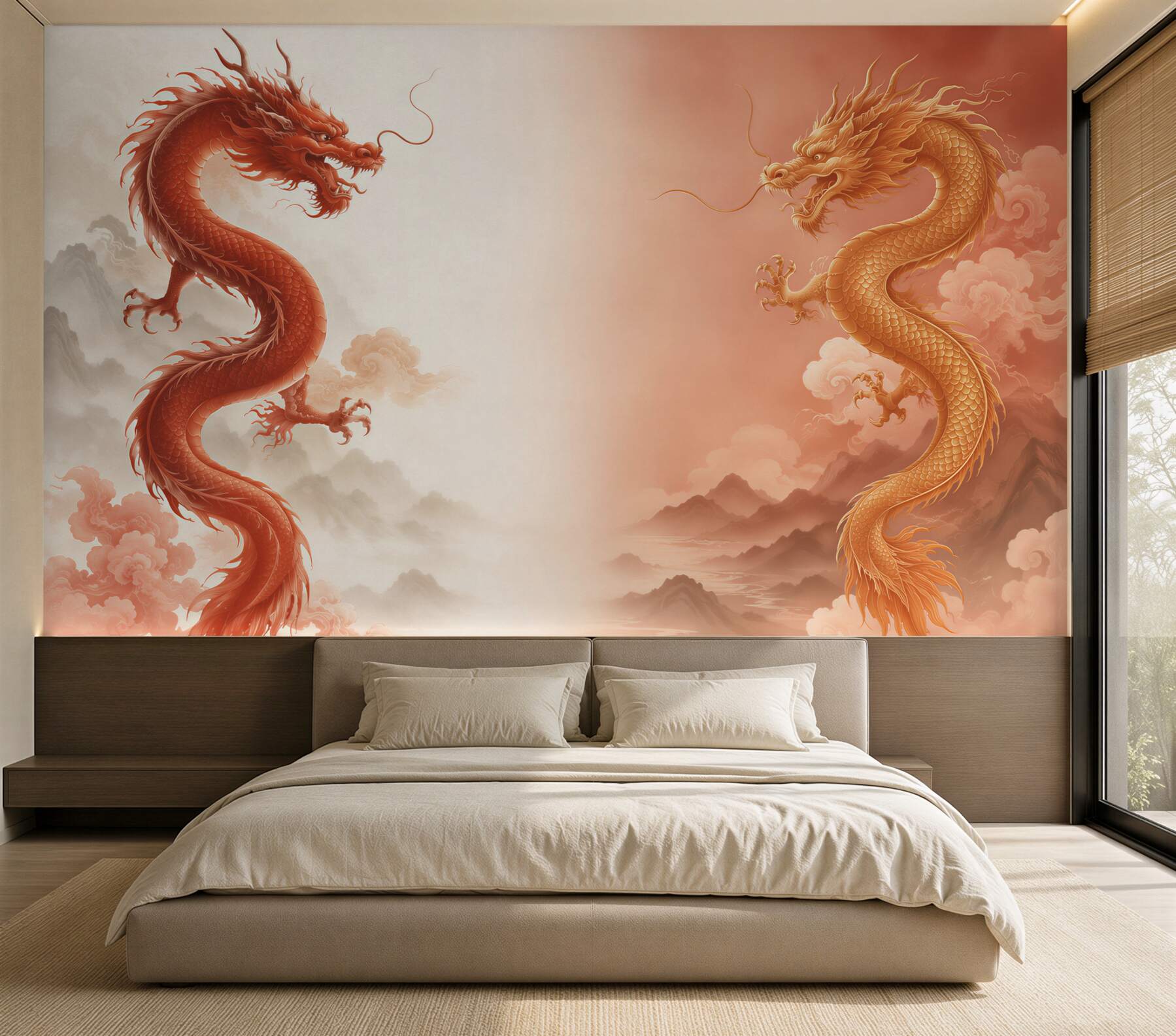 Papier peint personnages de dragons sur fond blanc et rouge