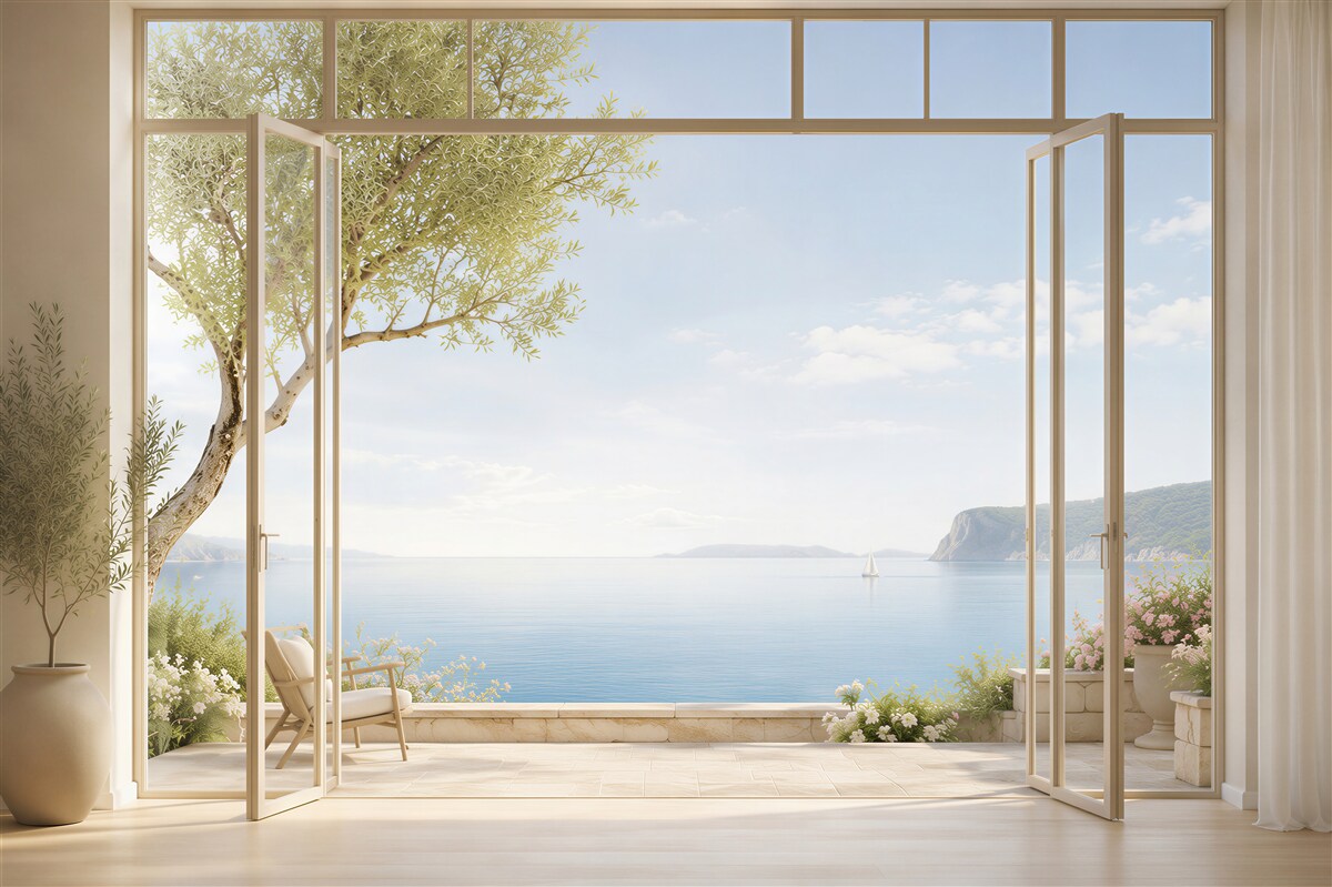 Papier peint balcon avec vue sur la mer en été