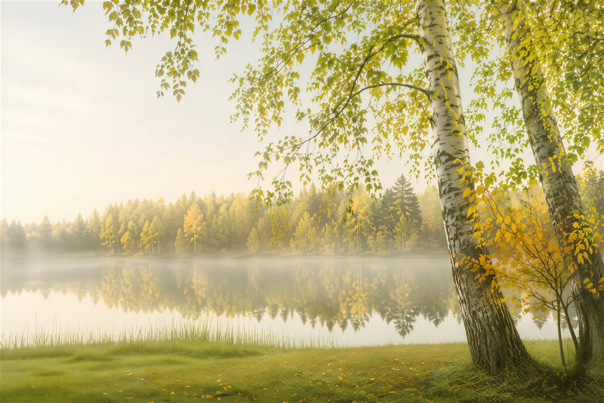 Papier peint dense forêt d'été dans le reflet de la rivière