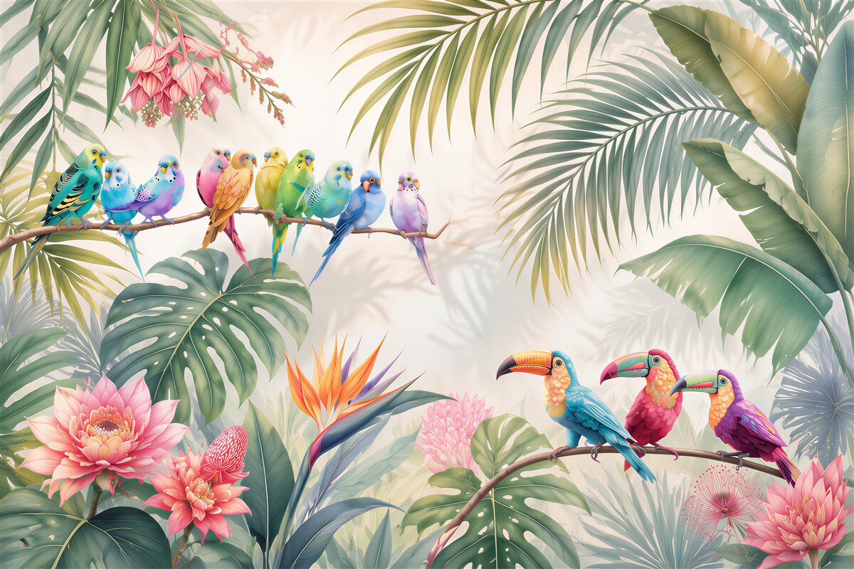 Papier peint plantes tropicales et perroquets colorés