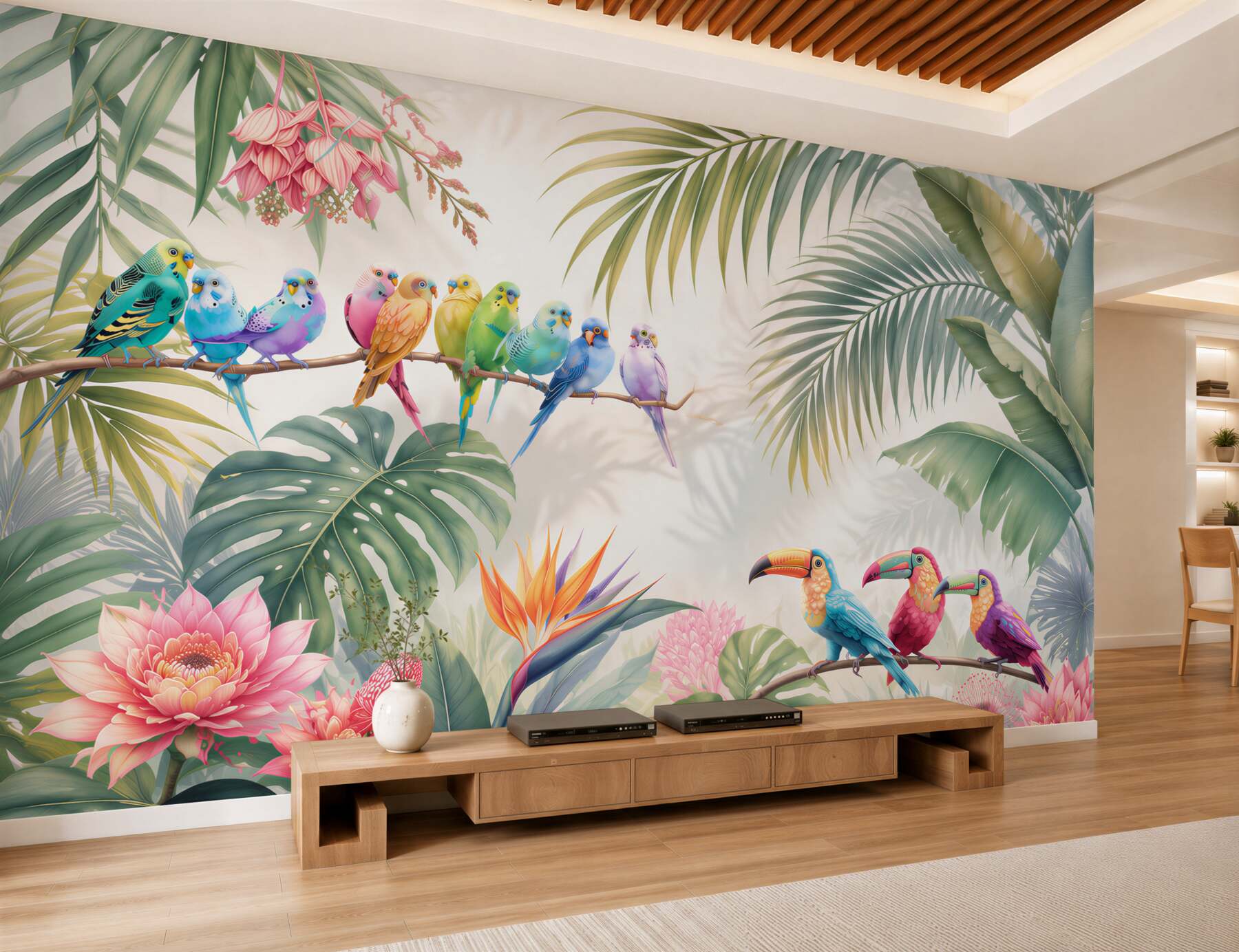 Papier peint plantes tropicales et perroquets colorés