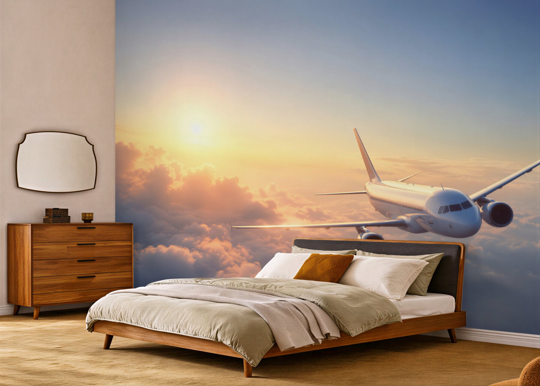 Papier peint avion volant vers le coucher de soleil