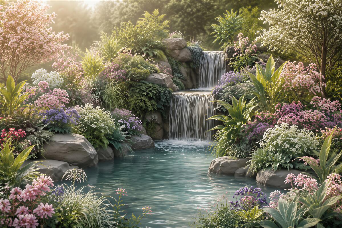 Papier peint fleurs tropicales près d'une cascade de montagne
