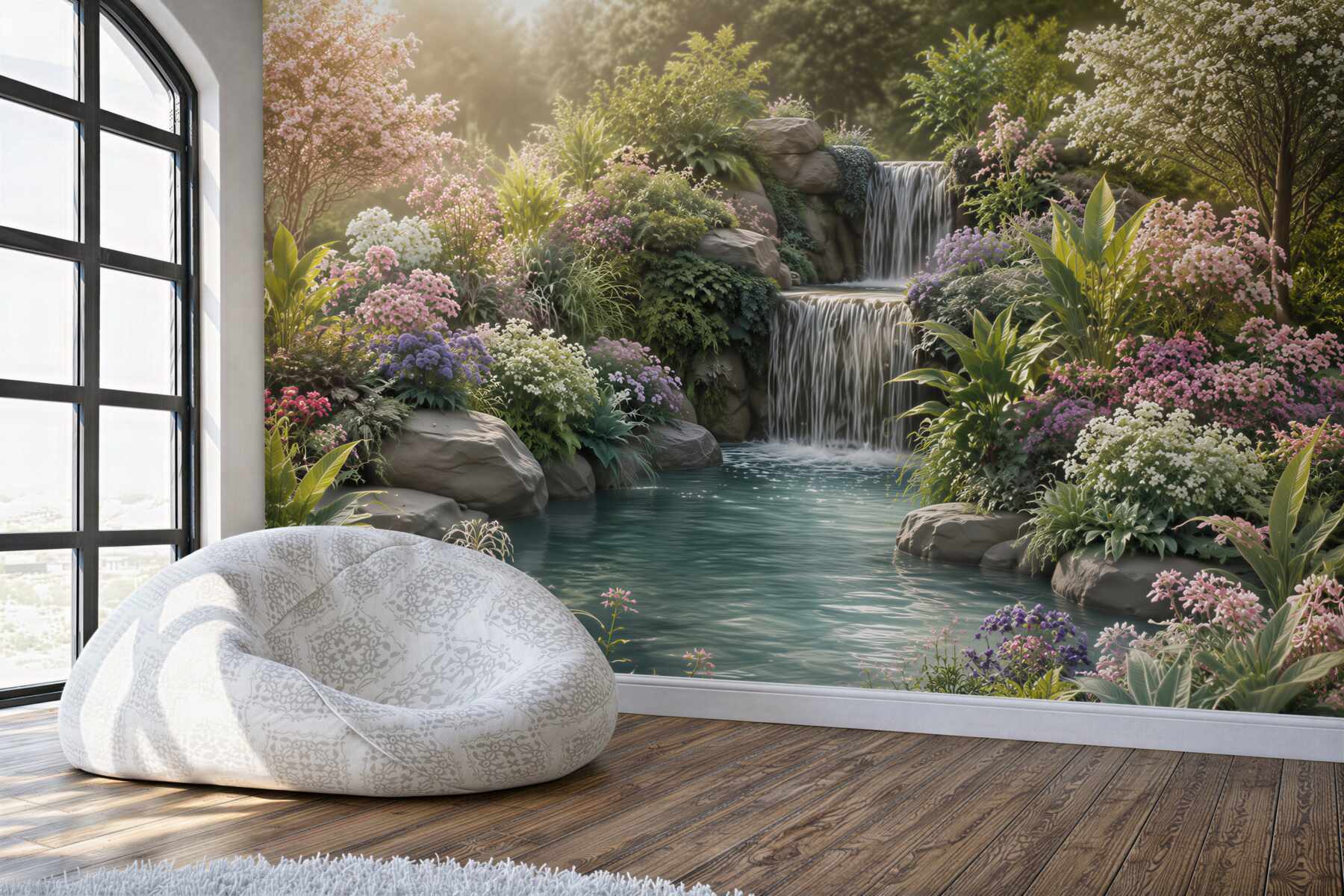 Papier peint fleurs tropicales près d'une cascade de montagne
