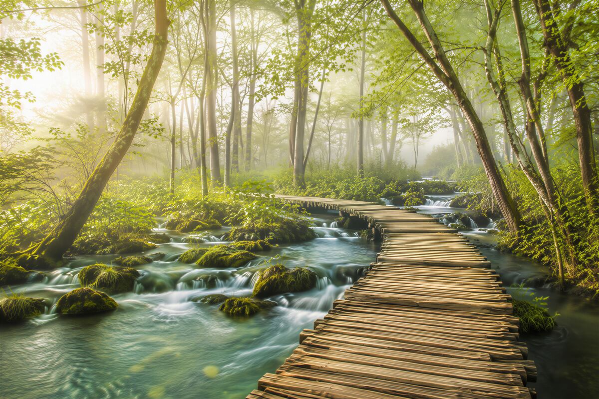 Papier peint pont en bois à travers une forêt dense