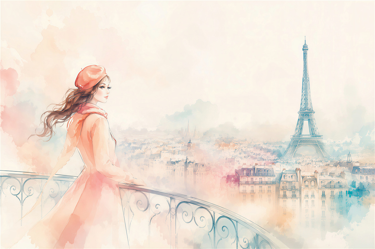 Papier peint fille se promenant dans un Paris aquarelle