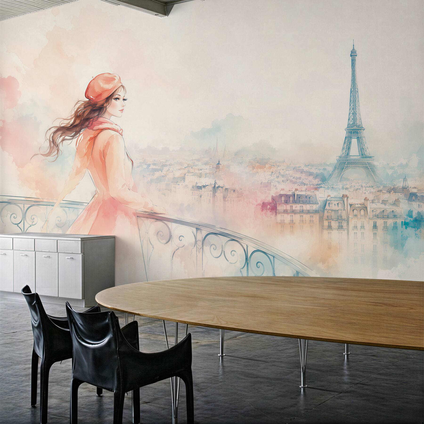 Papier peint fille se promenant dans un Paris aquarelle