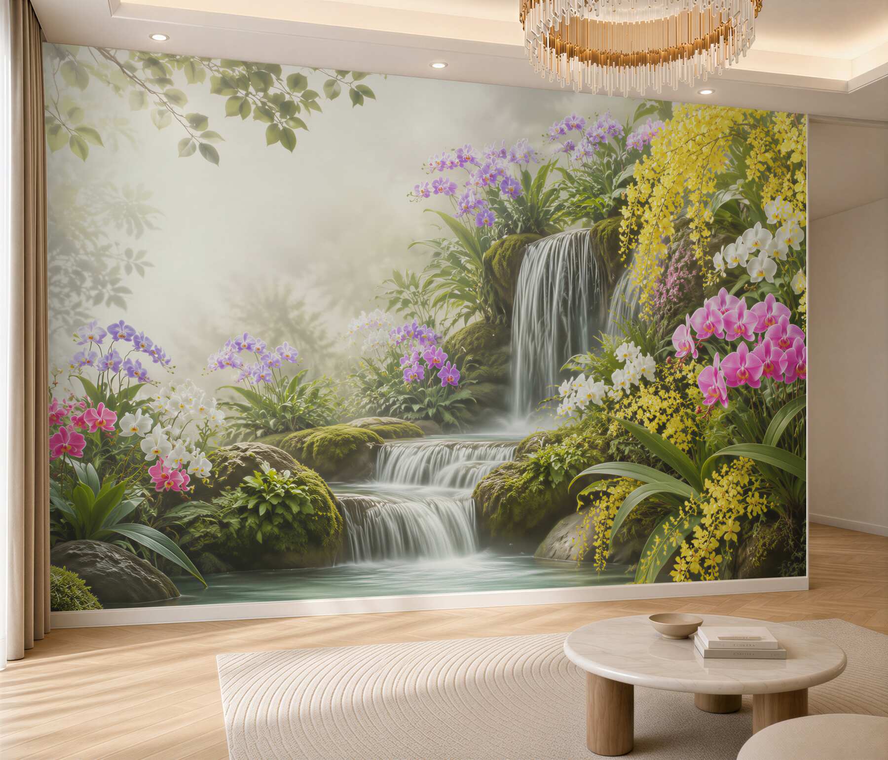 Papier peint cascade à côté de fleurs lumineuses