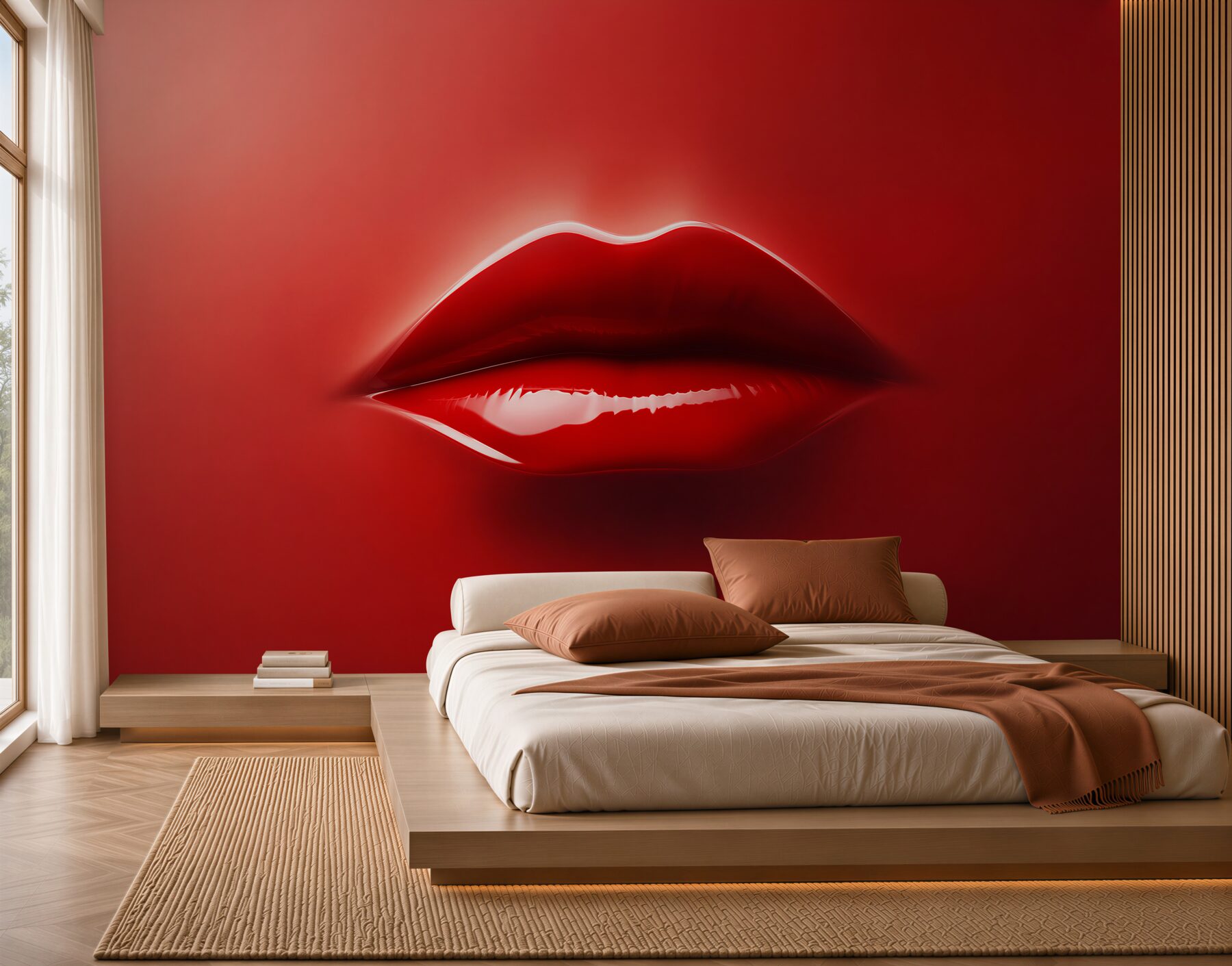 Papier peint lèvres rouges juteuses sur fond rouge