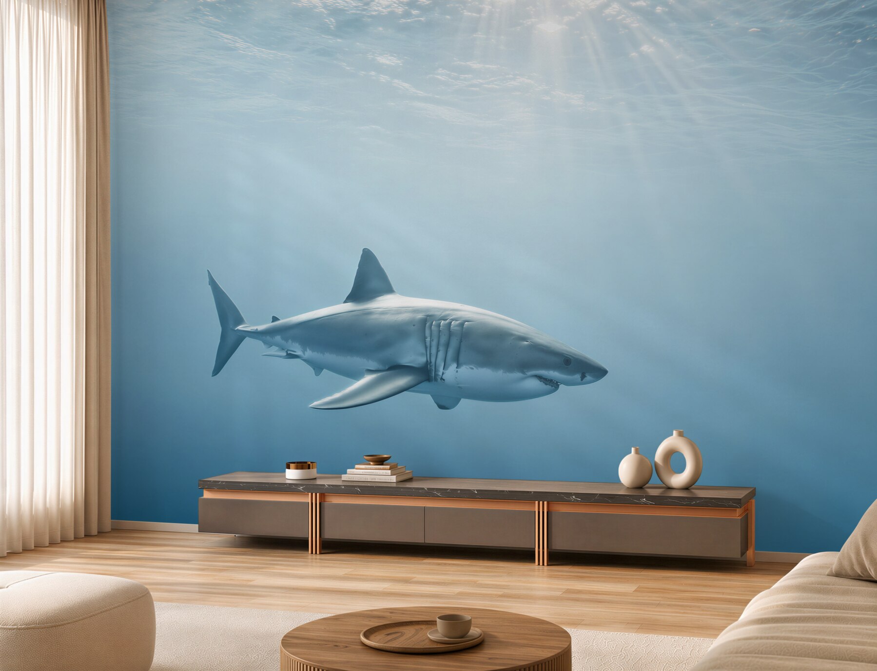 Papier peint requin affamé dans un appartement sous-marin
