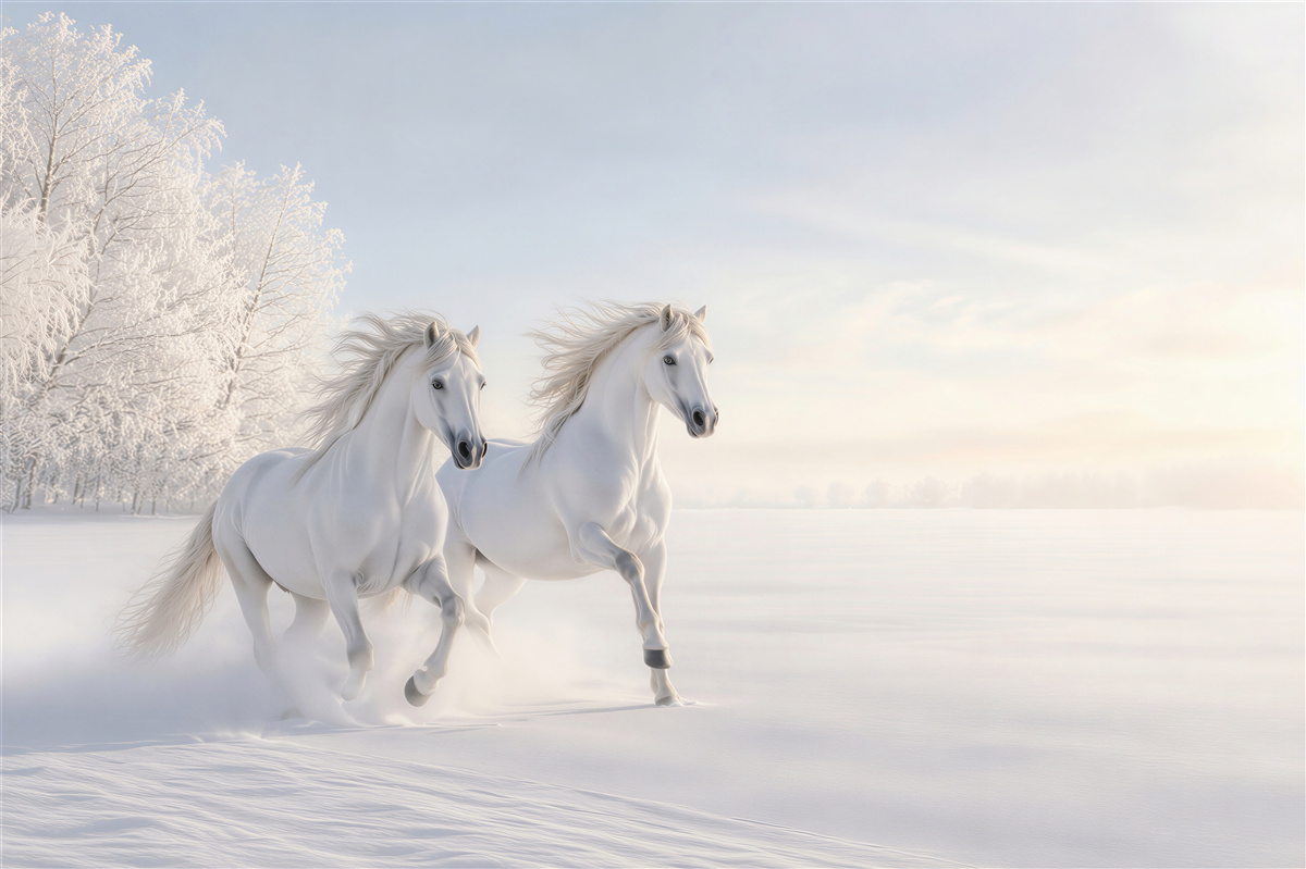 Papier peint couple de chevaux galopant dans la neige