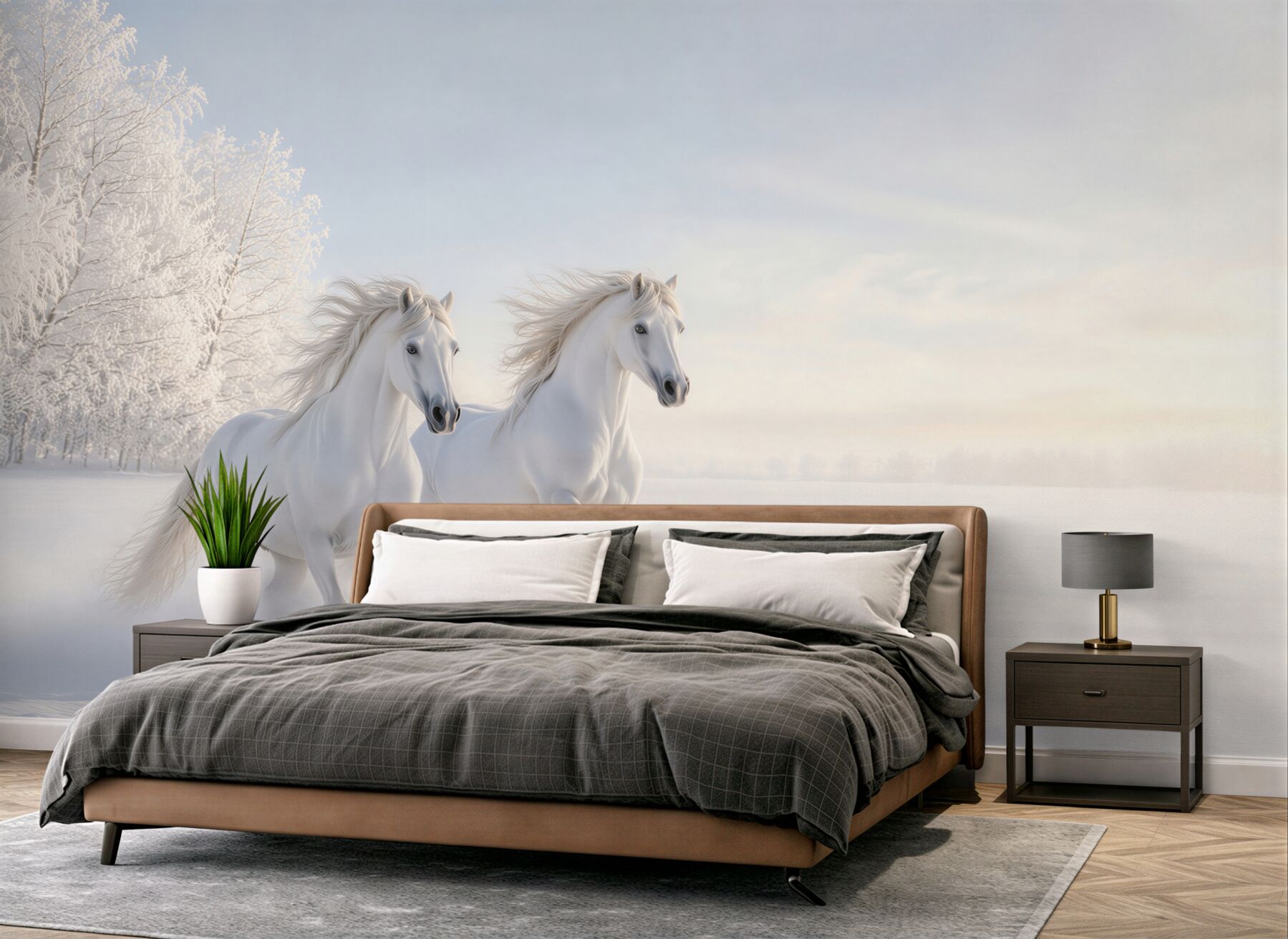 Papier peint couple de chevaux galopant dans la neige