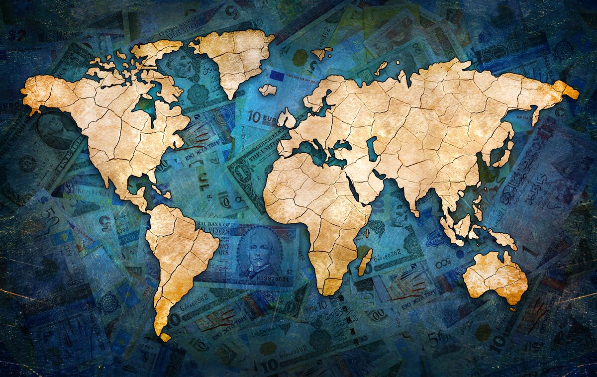 Papier peint carte du monde jaune sur eau bleue