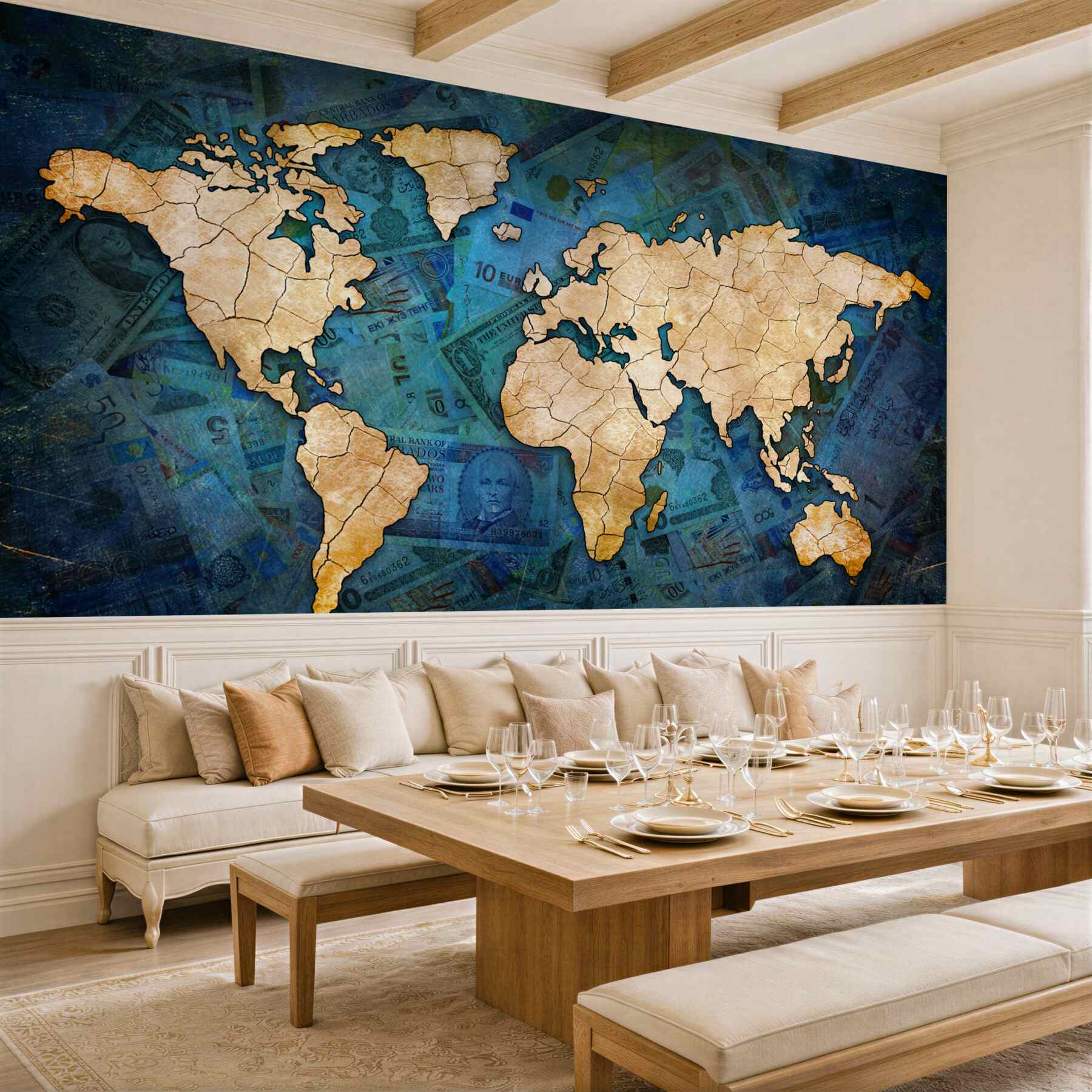 Papier peint carte du monde jaune sur eau bleue