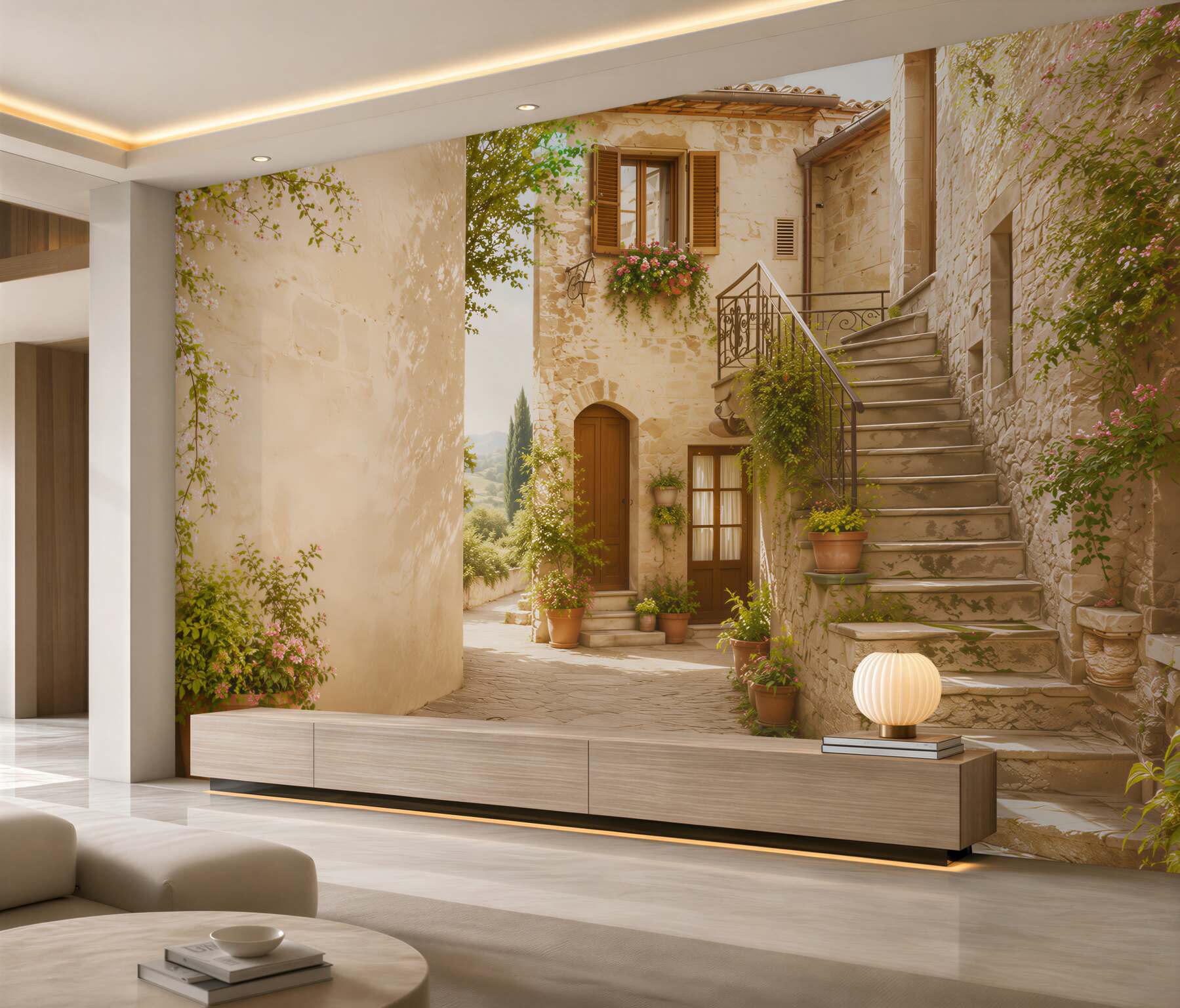 Papier peint escaliers avec des fleurs dans une vieille cour