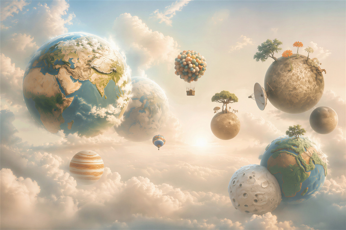 Papier peint planètes futuristes et mécanismes