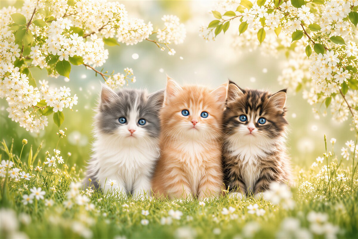 Papier peint chatons sur un champ fleuri