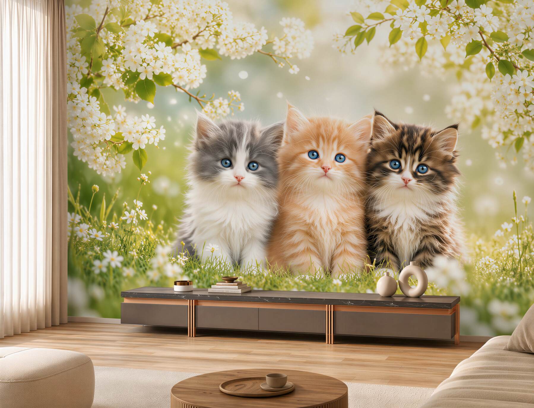 Papier peint chatons sur un champ fleuri