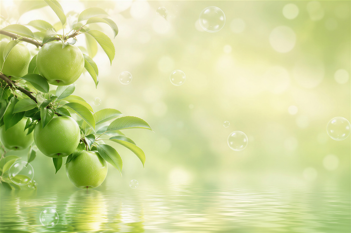 Papier peint pommes vertes juteuses dans le reflet de l'eau