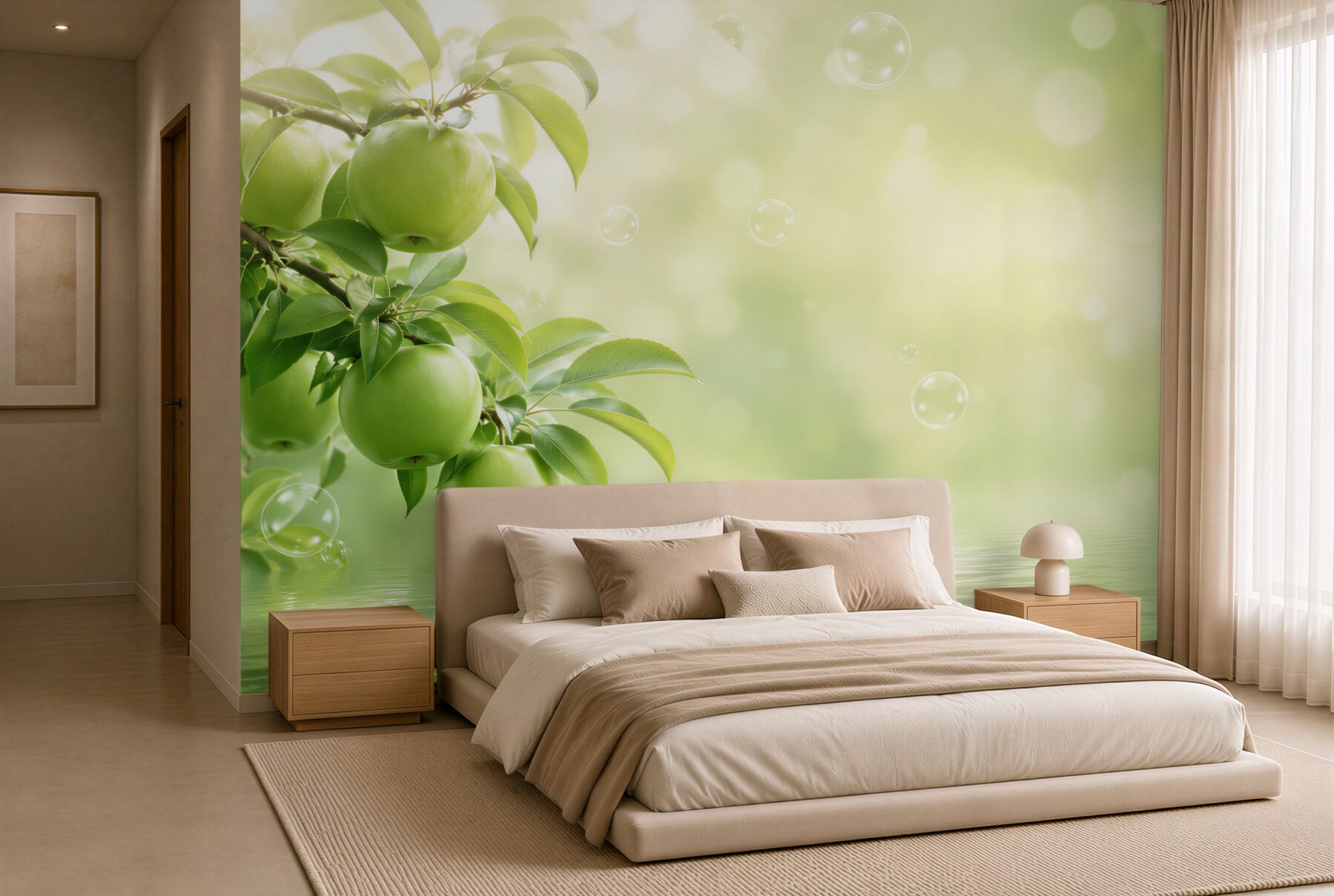 Papier peint pommes vertes juteuses dans le reflet de l'eau