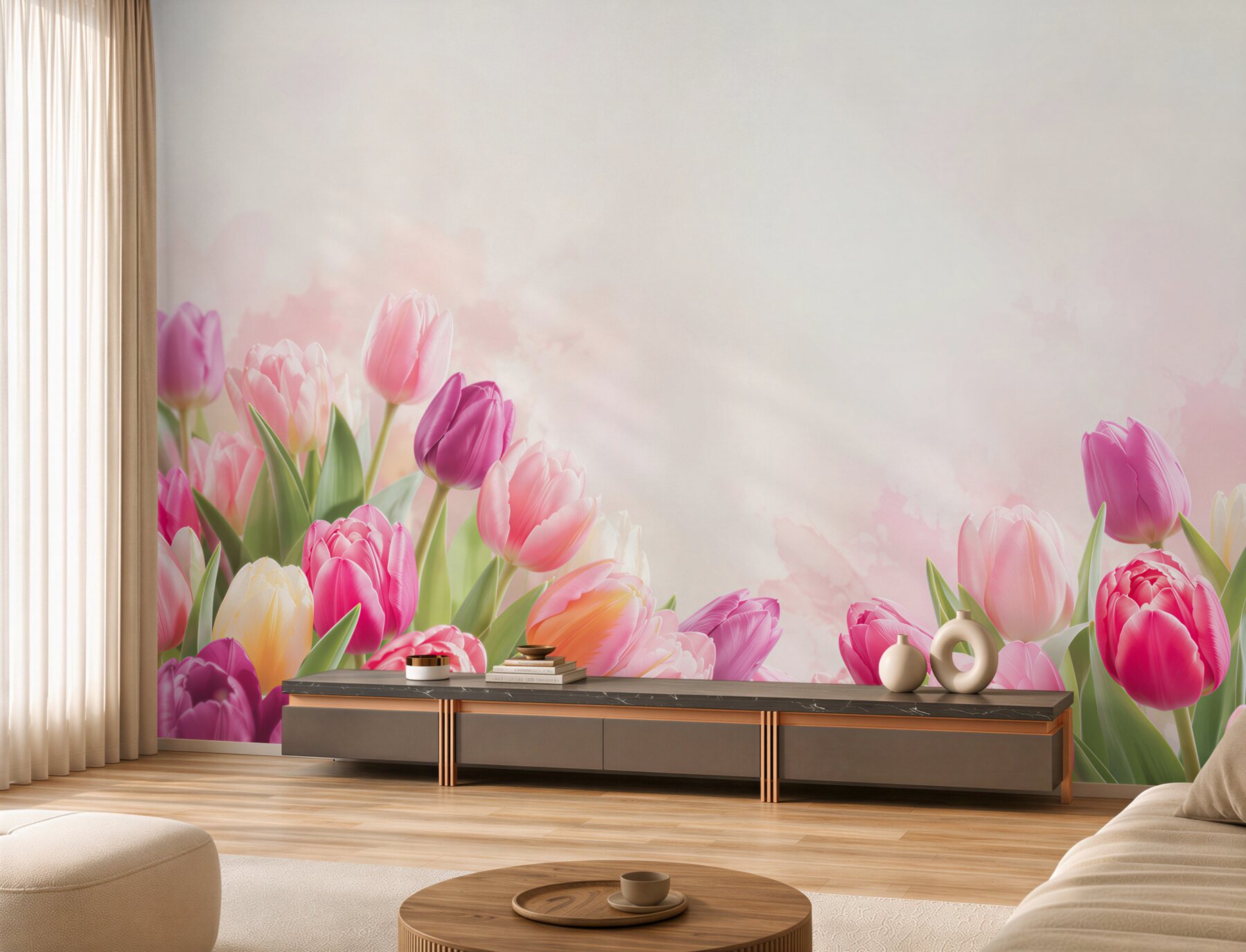 Papier peint tulipes colorées de printemps avec verdure