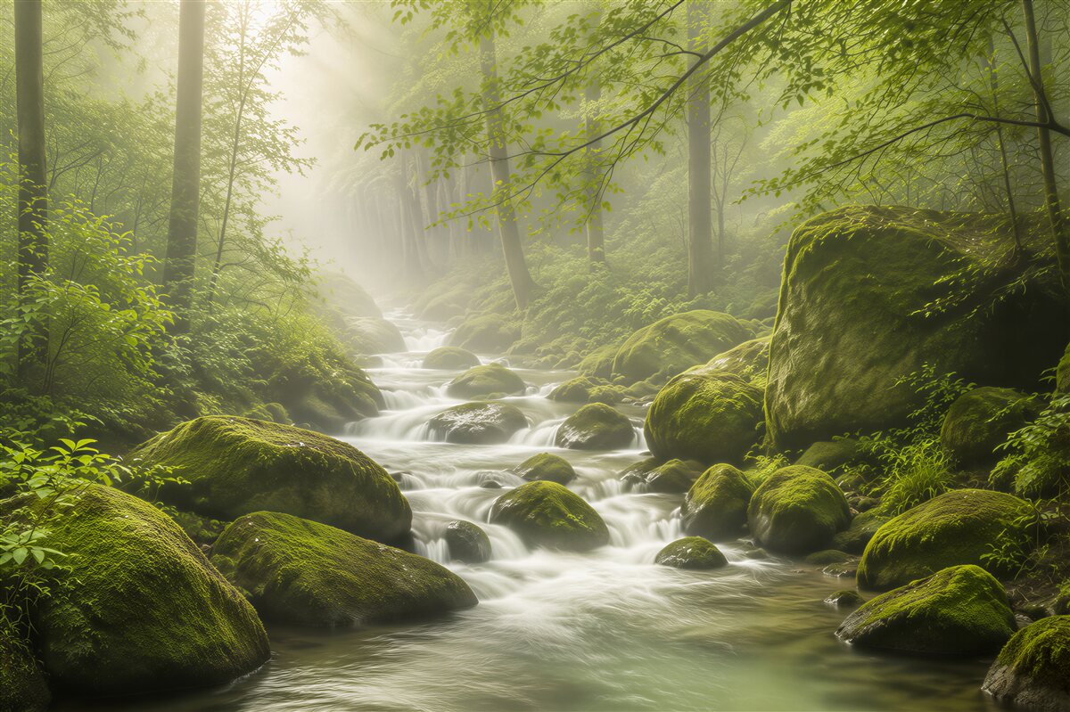 Papier peint petit ruisseau dans une forêt verte dense
