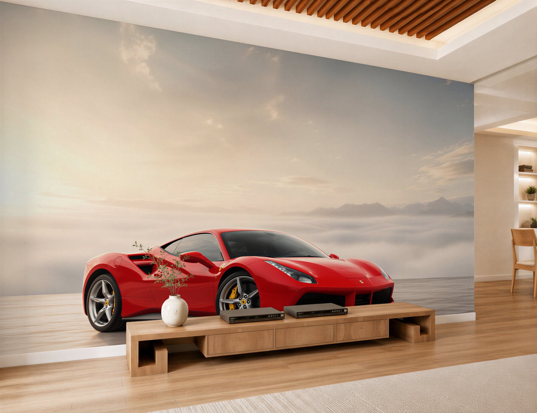Papier peint Ferrari rouge clair par un jour de pluie