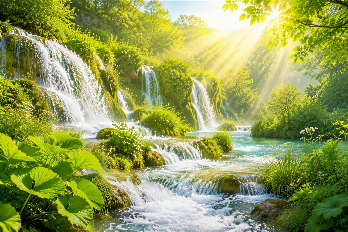 Papier peint soleil éclatant illuminant une cascade bouillonnante