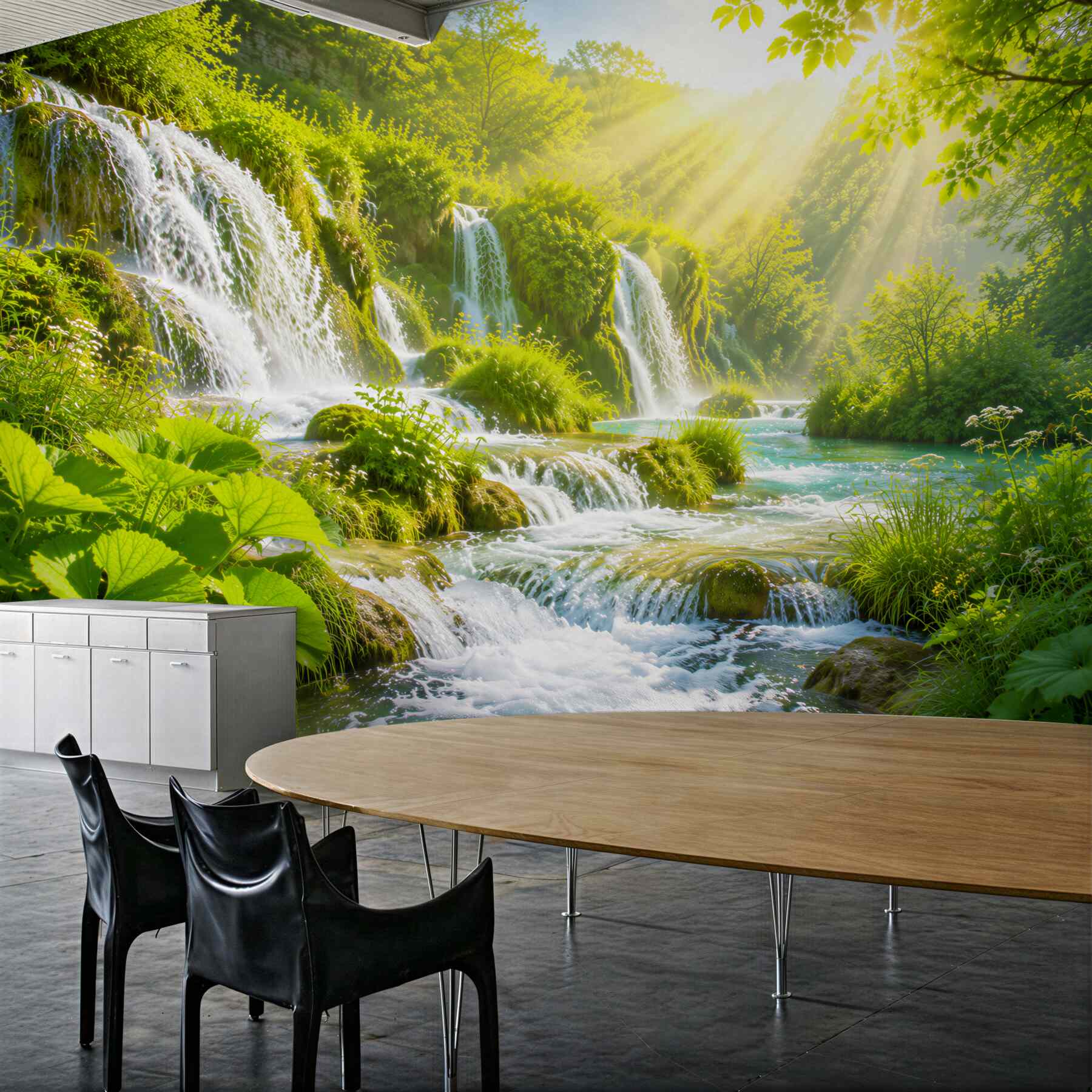 Papier peint soleil éclatant illuminant une cascade bouillonnante