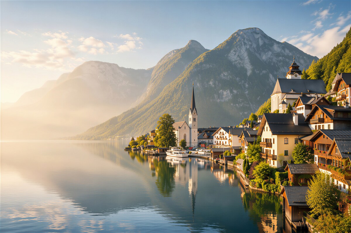 Papier peint village suisse près de l'eau et des montagnes