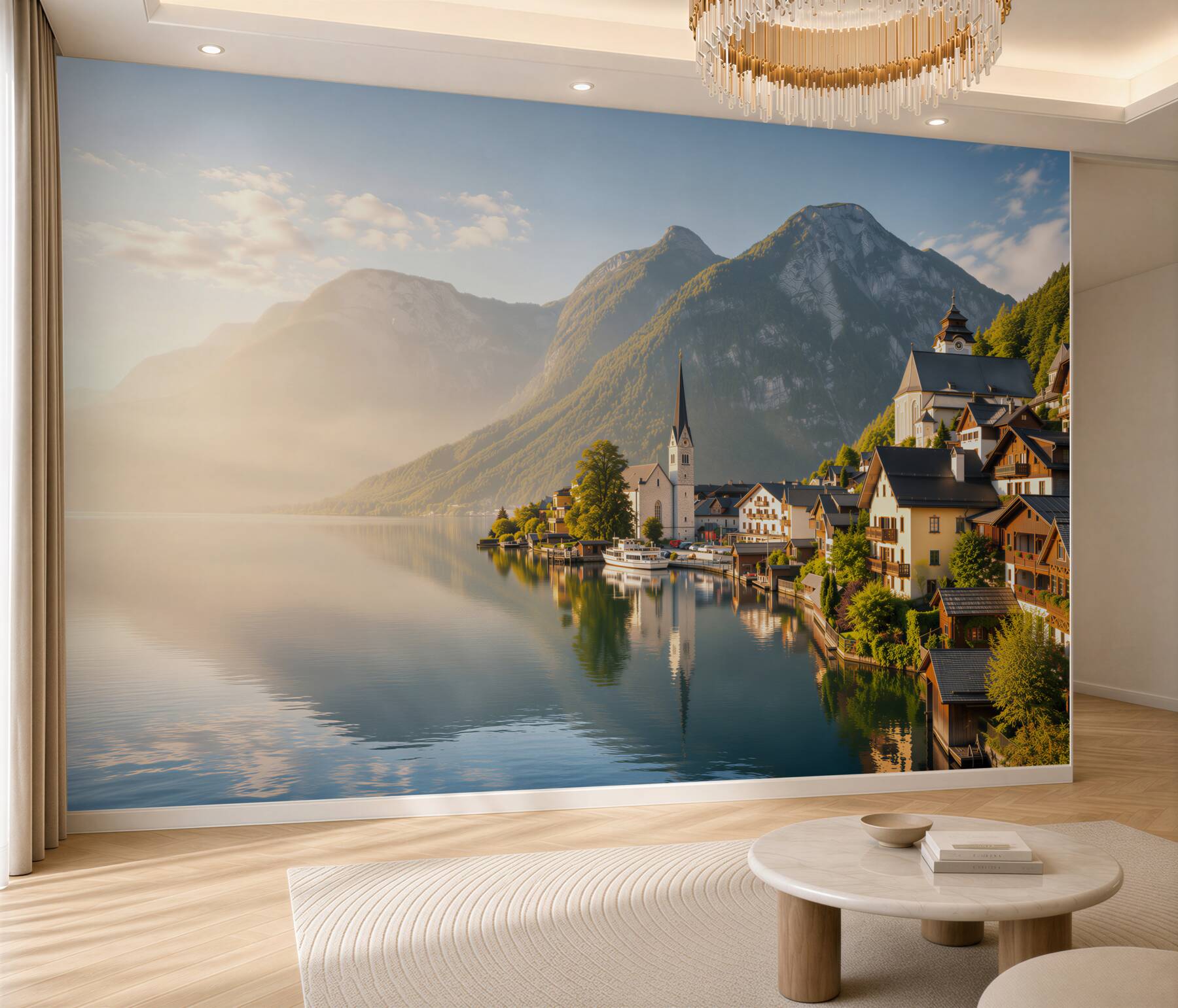 Papier peint village suisse près de l'eau et des montagnes