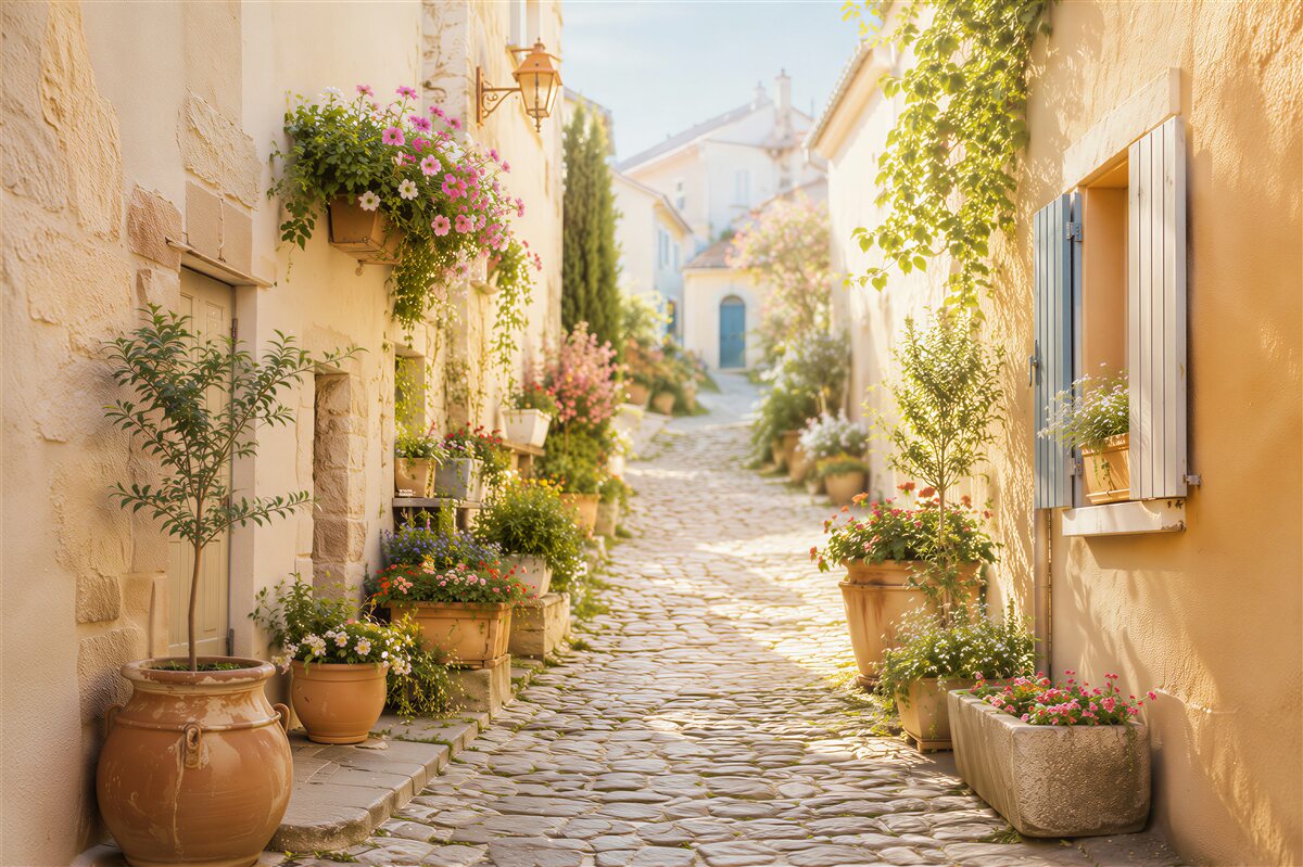 Papier peint ruelle étroite et accueillante de la vieille ville en fleurs