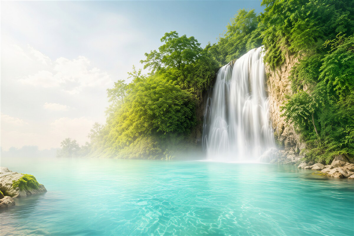 Papier peint haute cascade se jetant dans un lac azur