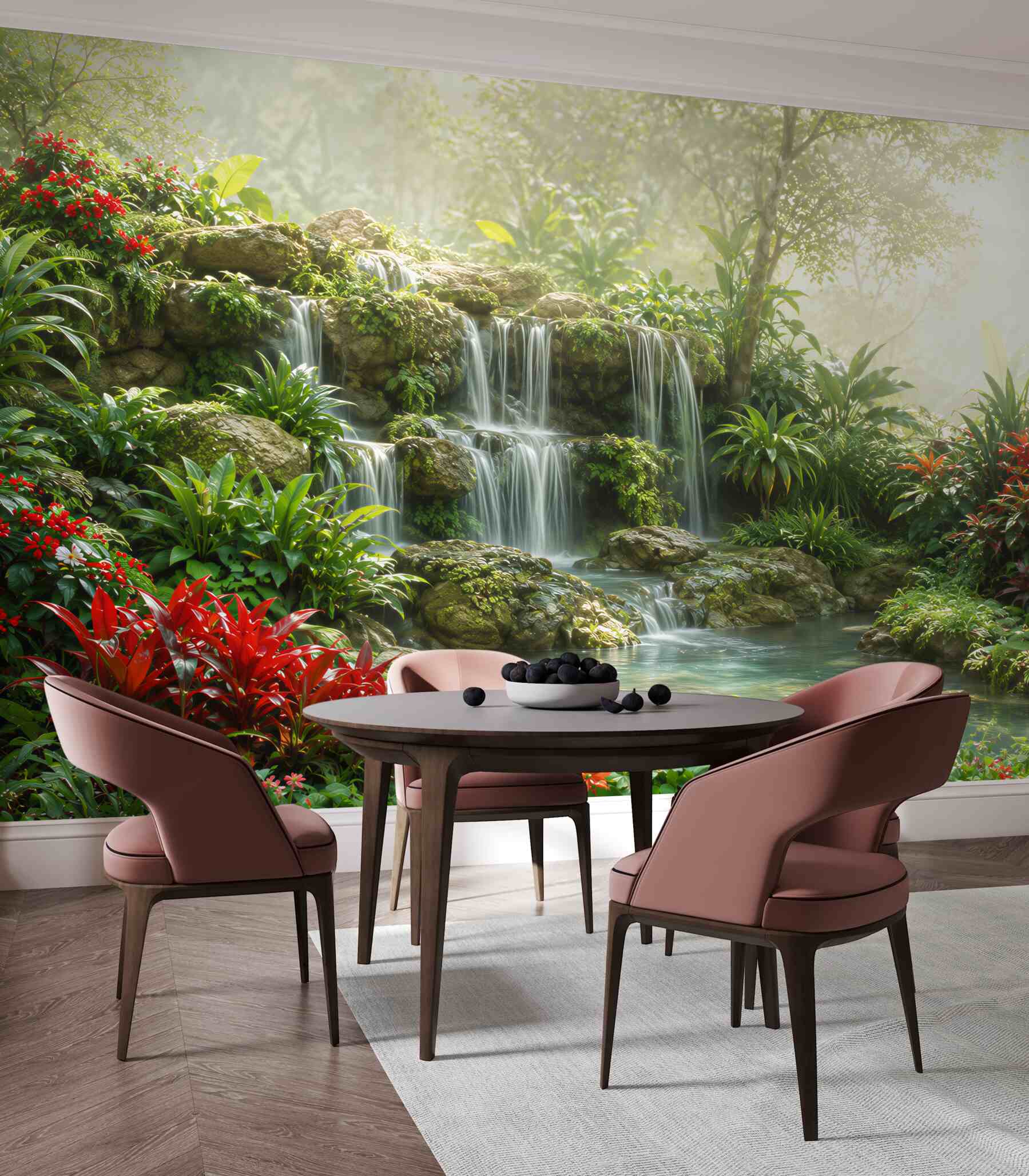 Papier peint Lieu chargé d'histoire à côté d'une cascade avec des fleurs