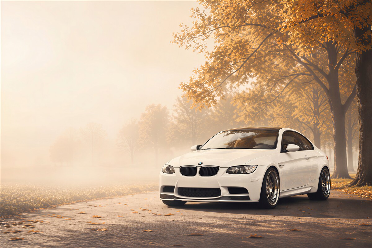 Papier peint BMW blanche sur la route en automne