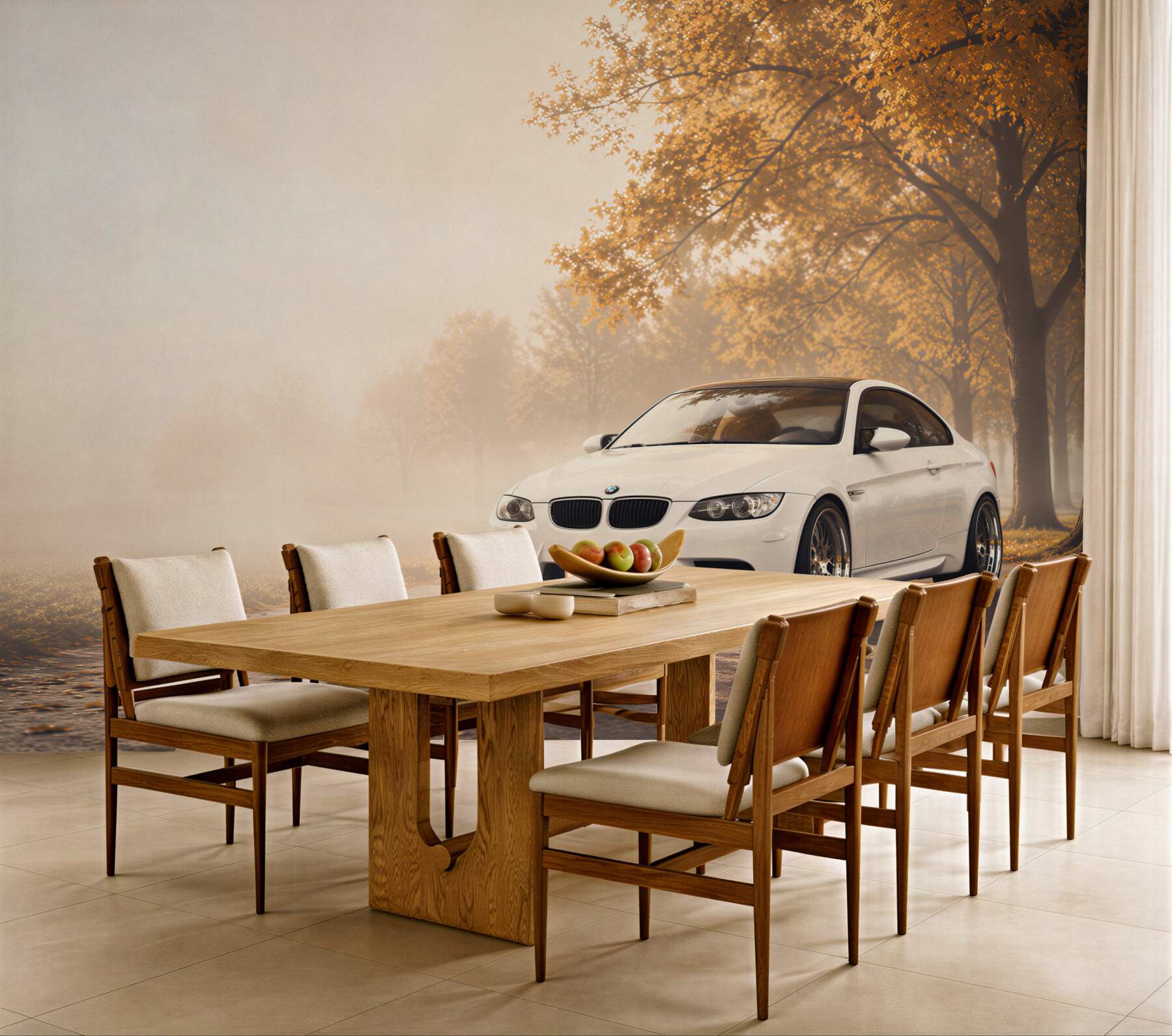Papier peint BMW blanche sur la route en automne