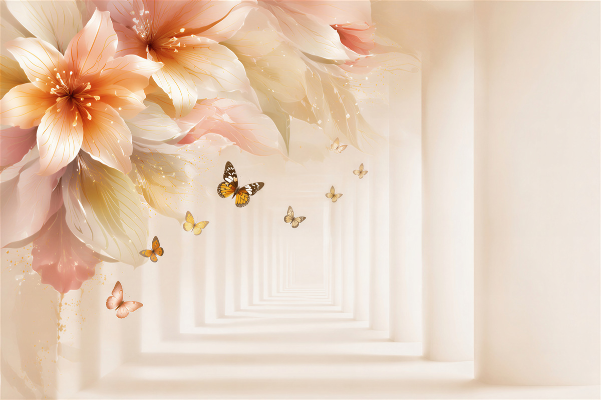 Papier peint papillons volant de fleurs fraîches dans un tunnel