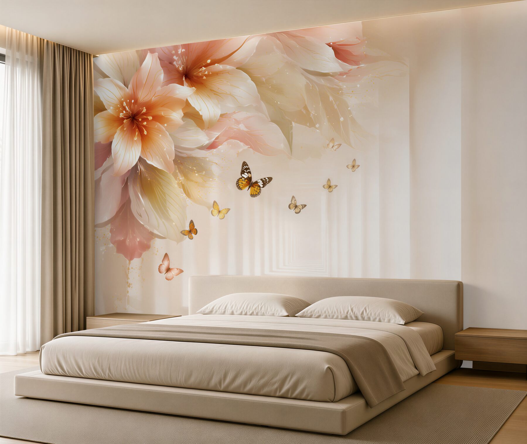 Papier peint papillons volant de fleurs fraîches dans un tunnel