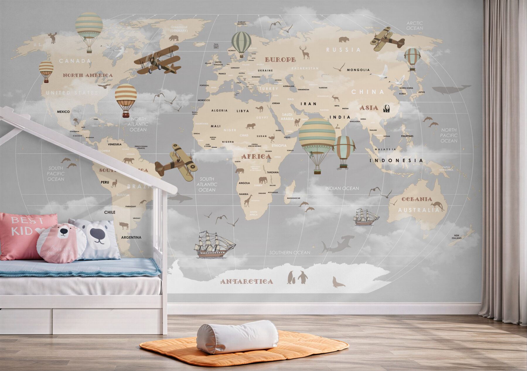 Papier peint Différents types de transport sur la carte du monde